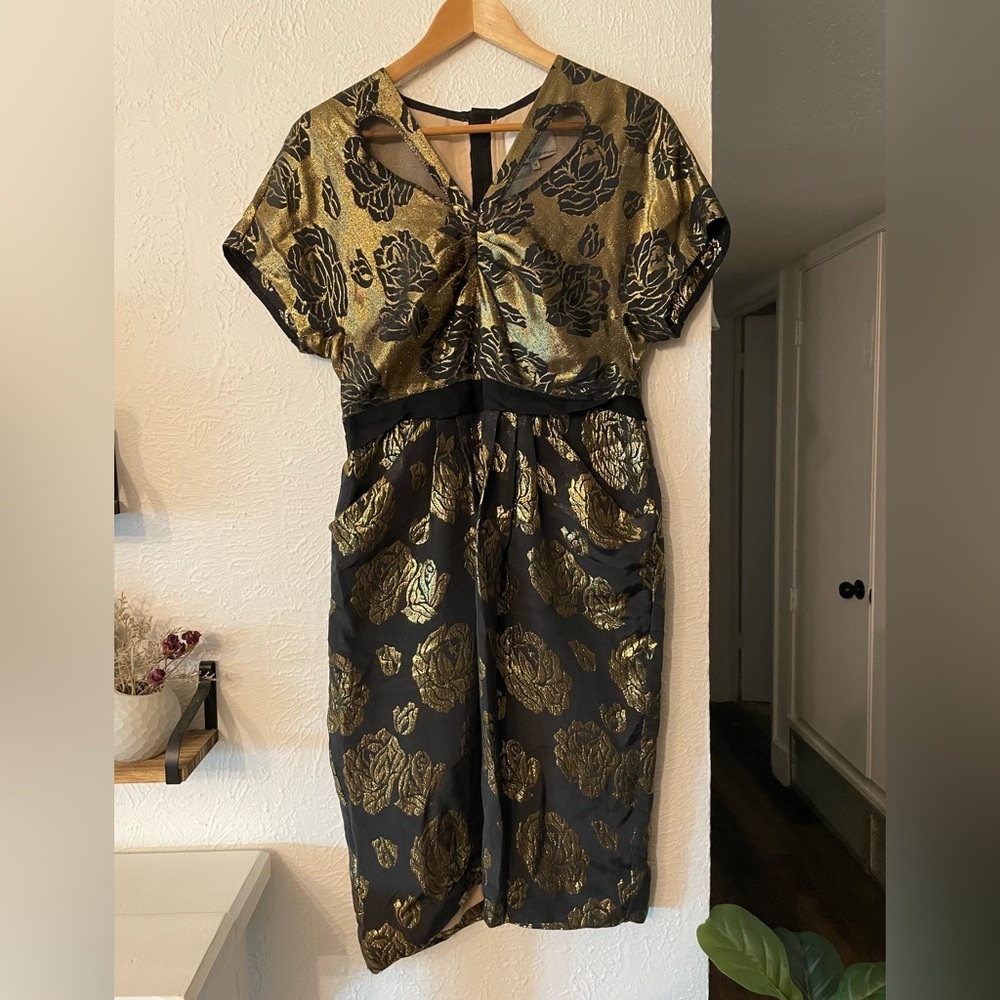 3.1 Phillip Lim Metallic Floral Sheath Silk Blend Midi Dress Size 10
